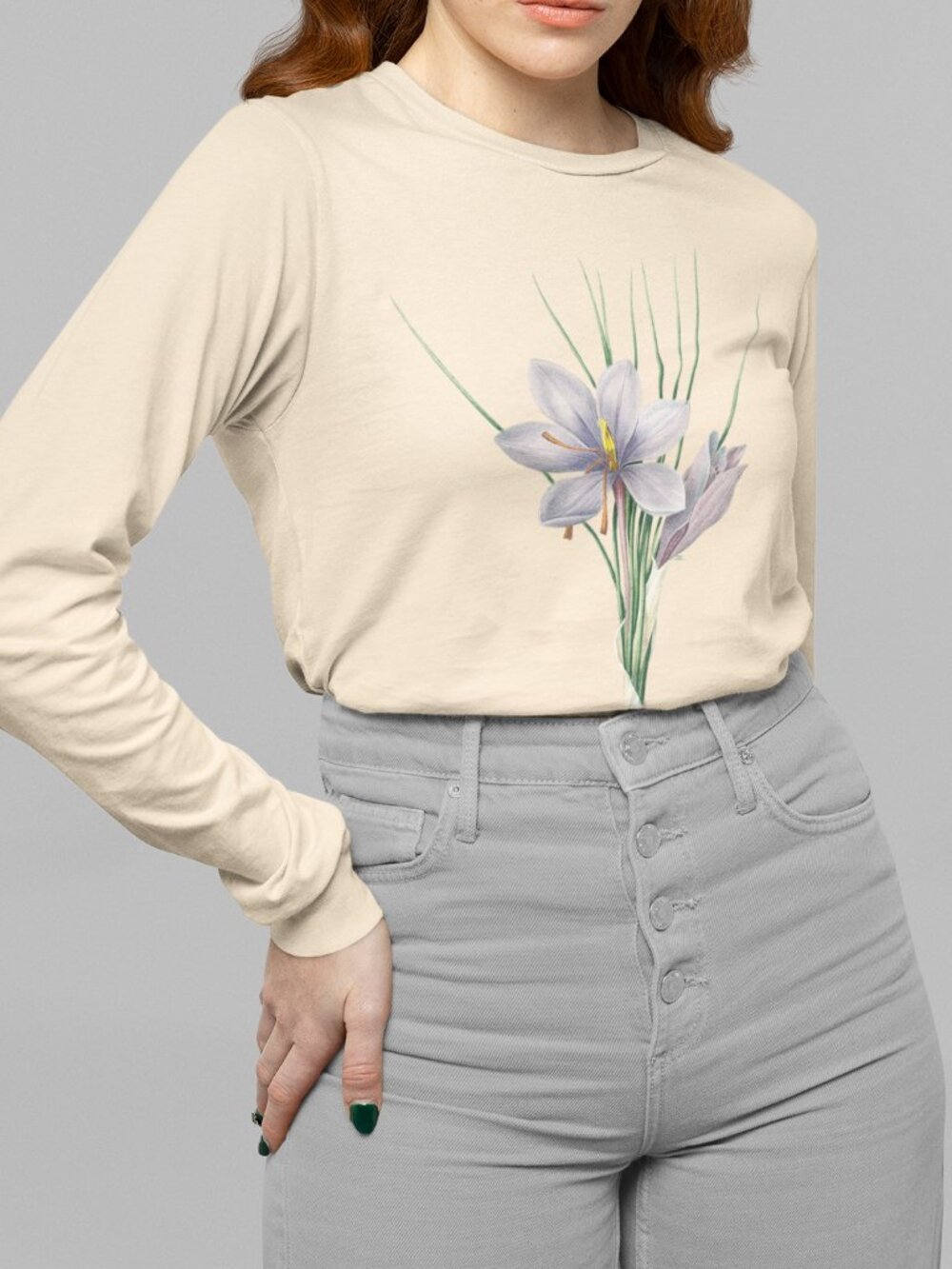 Autumn Crocus Vintage Floral Print Long Sleeve Graphic Tee T-shirt S-XXL